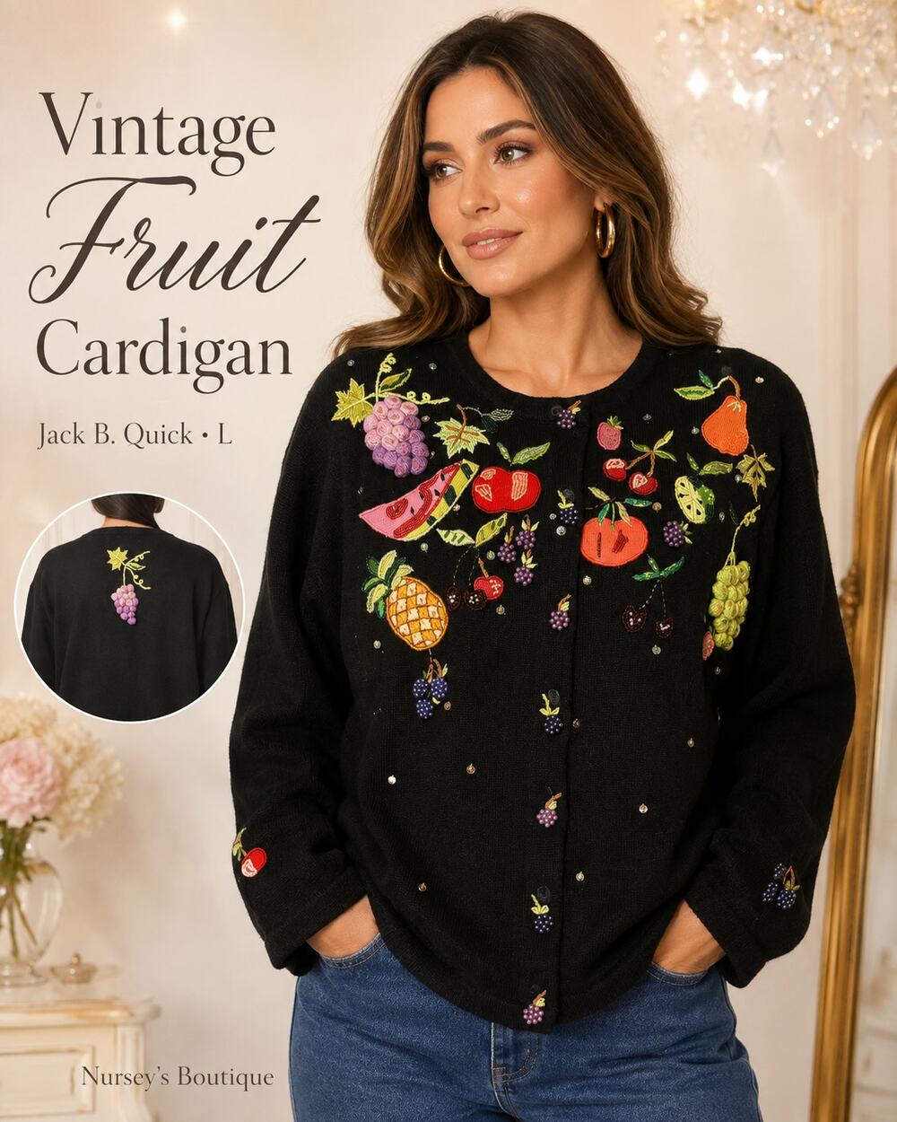 Vintage Jack B Quick Fruit Cardigan L Beaded Sequin 3D Novelty Sweater